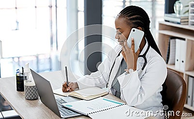 Phone call, doctor and black woman writing in notebook for planning, medical schedule and agenda. Healthcare, hospital Stock Photo