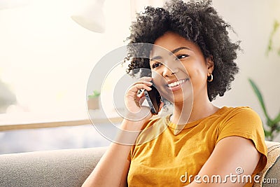 Phone call, happy woman and talking on sofa in home, conversation or chat with contact. Mobile, communication and smile Stock Photo