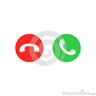 Phone call icons. Accept call and decline button. Green and red buttons with handset silhouettes. Vector Illustration