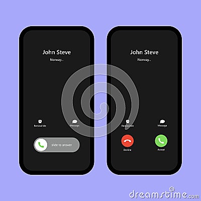 Phone call screen set interface template. Slide to answer. Accept button, decline button. Incoming call. Smartphone, Phone call Vector Illustration