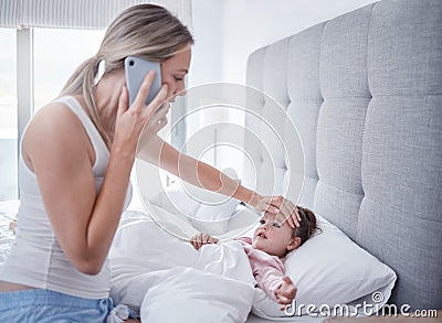 Phone call, sick and child in bed with mother feeling for fever with hand on forehead with worry, care and love. .Family Stock Photo