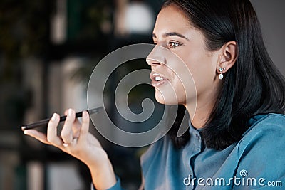 Phone call, voice note or memo with a business woman talking or recording a message while working. Face, thinking and Stock Photo