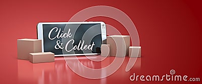 Phone with cardboard and click and collect inscription Stock Photo