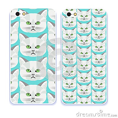 Phone case collection.Detailed realistic hand drawn british cat portrait. Vector illustration. Cartoon Illustration