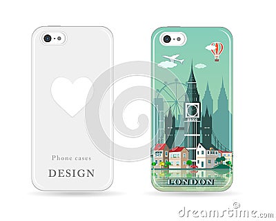 Phone case design with colored print. Modern London city skyline pattern with flat style design for cases vector illustra Vector Illustration