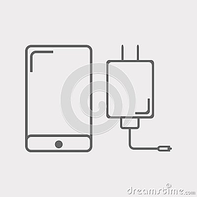 Phone with charger on a light background, executed in lines. Vector. Vector Illustration