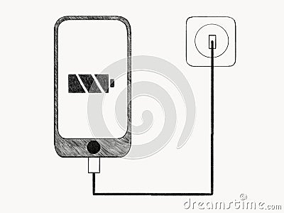 Phone is charging from an outlet Cartoon Illustration