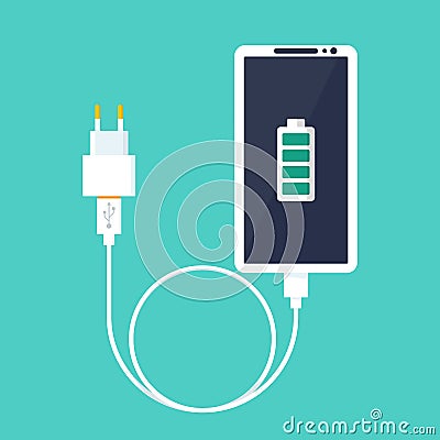 Phone on charging. Smartphone with charger. Vector Illustration