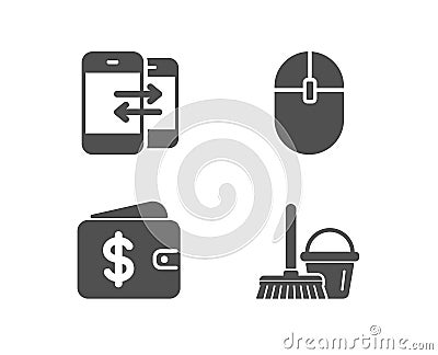 Phone communication, Dollar wallet and Computer mouse icons. Bucket with mop sign. Vector Illustration