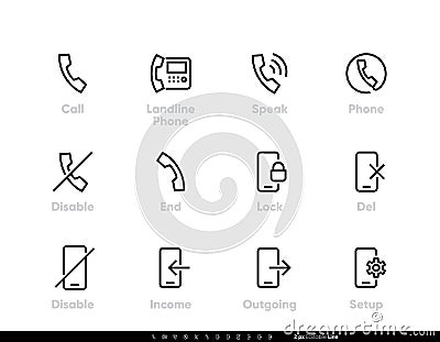 Phone Communication Statuses icon. Lock, Fax, Setup, Disable, End Call vector set. Editable line Vector Illustration