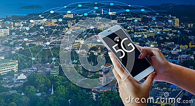 Phone computer 5g Earth businessman connect worldwide waiter hand holding an empty digital tablet with smart and 5G network connec Stock Photo