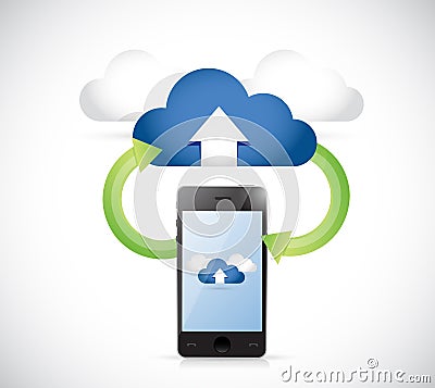 Phone connected to a set of clouds. arrows Cartoon Illustration