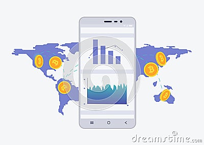 Phone with crypto currency on the screen with map on the background. Bitcoin trading concept. Diagram and statistic for Vector Illustration