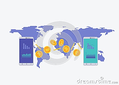 Phone with crypto currency on the screen with map on the background. Bitcoin trading concept. Diagram and statistic for Vector Illustration