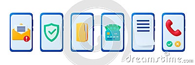 Phone 3d icons, mobile payment and digital documents. Isolated smartphone, mail agent and technology security. Incoming Vector Illustration