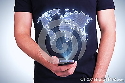 Phone with digital world map Stock Photo