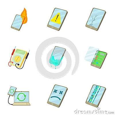 Phone disassembled icons set, cartoon style Vector Illustration
