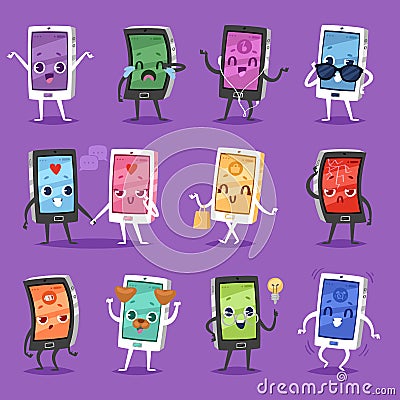 Phone emoji vector gadget character smartphone or tablet with face expression illustration emotional set of digital Vector Illustration