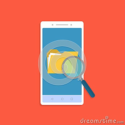 Phone with folder search and data synchronisation. Touchscreen device with different folders. Vector Illustration