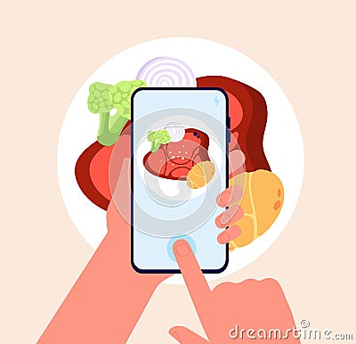 Phone food photo. Taking mobile photos, hands hold smartphone and doing dish picture. Cartoon photography, culinary Vector Illustration