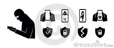 Phone fraud. Hacking the protection. Hacker attack. The concept of spam data, insecure connection, online fraud and Vector Illustration