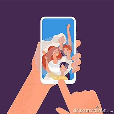 Phone with friends photo. Hands holding smartphone with happy smiling people portraits together. Taking friend selfie Vector Illustration