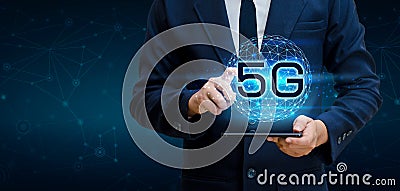 Phone 5g Earth businessman connect worldwide waiter hand holding an empty digital tablet with smart and 5G network connection conc Stock Photo