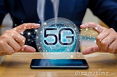 Phone 5g Earth businessman connect worldwide waiter hand holding an empty digital tablet with smart and 5G network connection conc Stock Photo