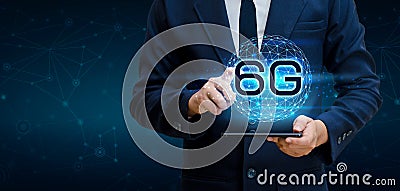 Phone 6g Earth businessman connect worldwide waiter hand holding an empty digital tablet with smart and 6G network connection conc Stock Photo