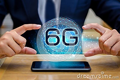 Phone 6g Earth businessman connect worldwide waiter hand holding an empty digital tablet with smart and 6G network connection conc Stock Photo