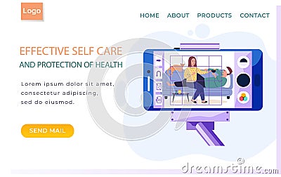 Phone with girl treating guy on screen. Effective self care concept. Internet website layout Vector Illustration