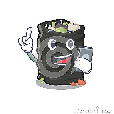 With phone grabage bag isolated with the mascot Vector Illustration