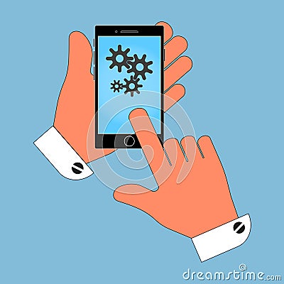 Phone in hand with the cogs on the screen. isolation on a blue background. Vector Illustration