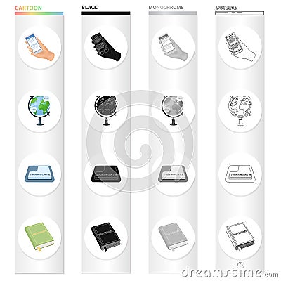 Phone in hand, globe, translation button, dictionary. Interpreter set collection icons in cartoon black monochrome Vector Illustration