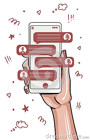 Phone in hand with massage dialog bulbs Vector Illustration