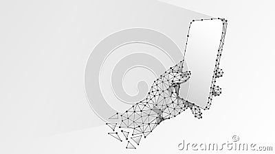 Phone in a hand. Polygonal technology concept of device, gadget, typing, smartphone usage. Abstract, digital, wireframe Vector Illustration