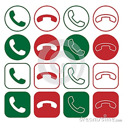 Phone icon set. Call application symbol collection. Green and red button. Flat interface sign. Simple shape old telephone logo. Vector Illustration