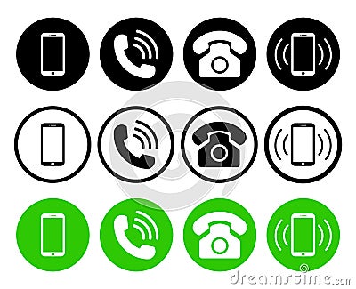 Phone icon. Telephone, mobile and call symbols. Set of graphic smartphone, cellphone and telephony for conversation, support, Stock Photo