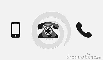 Phone icons. Phones vector icons. Phones icon in flat and vintage design. Phone symbols in a row, black color Vector Illustration