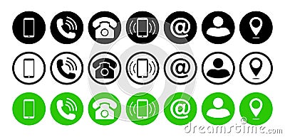 Phone icons. Symbol of call hotline. Online service with mobile, mail, chat. Web business set for internet communication. Contacts Vector Illustration