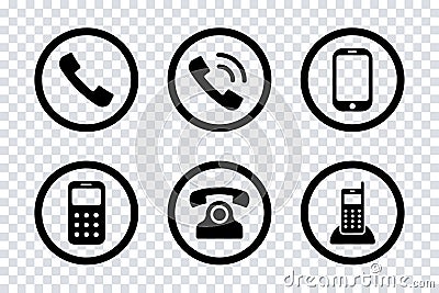 Phone icons. Vector isolated signs or icons. Black vector telephone collection icons. Vector call isolated sign Vector Illustration