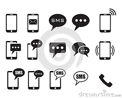 Phone icons on white background, sms icon, cell phone, call phone, message, Vector illustration. Vector Illustration