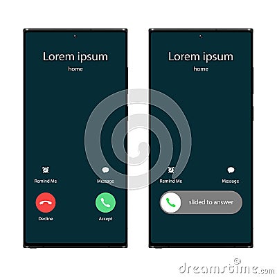 Phone incoming call user interface ui. Slide to answer, accept, decline, message and reminder. Touch screen interaction. Vector Illustration