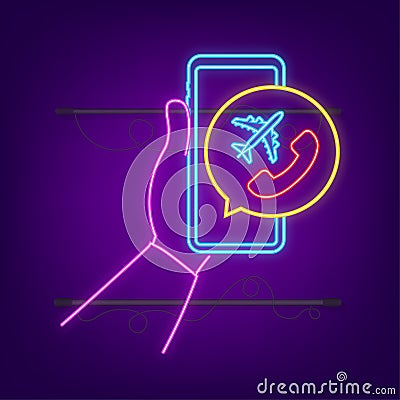Phone International roaming call neon icon. Voip telephony. Vector stock illustration. Vector Illustration