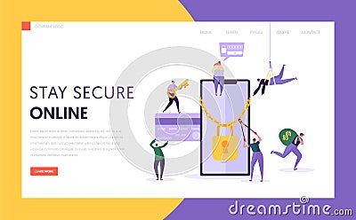 Phone Internet Payment Password Security Landing Page. Hacker Steal Finance Credit Card Data from Smartphone Screen Vector Illustration