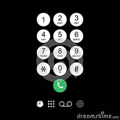 Phone keypad. Dial numbers on smartphone screen for call on black background. Cellphone with keyboard for mobile connection. Vector Illustration