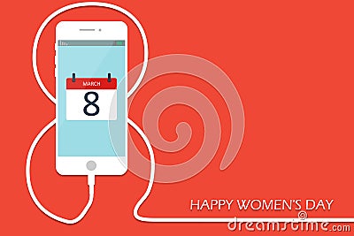 Phone with line eight wire. Outline 8 March smartphone charge, International Women`s Day card. Eps10 Vector Illustration