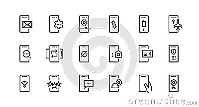Phone line icons. Mobile device notification and adjustment, wireless pay and secure private data. Vector smartphone app Vector Illustration