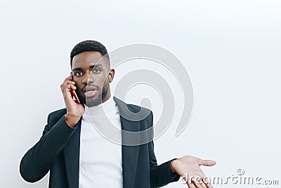 phone man smile african businessman technology black young happy adult mobile Stock Photo