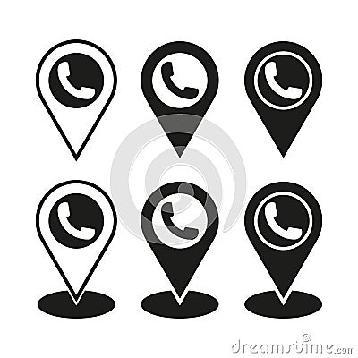 Phone marker icons. Geolocation symbol set. Black pointer shapes. Communication icon design. Vector Illustration